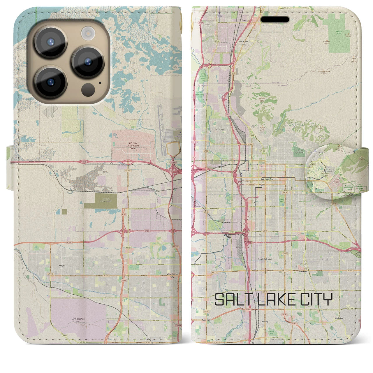 【ソルトレイクシティ】地図柄iPhoneケース（手帳両面タイプ・ナチュラル）iPhone 14 Pro Max 用