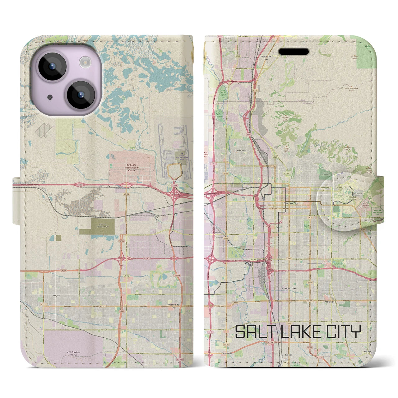 【ソルトレイクシティ】地図柄iPhoneケース（手帳両面タイプ・ナチュラル）iPhone 14 用