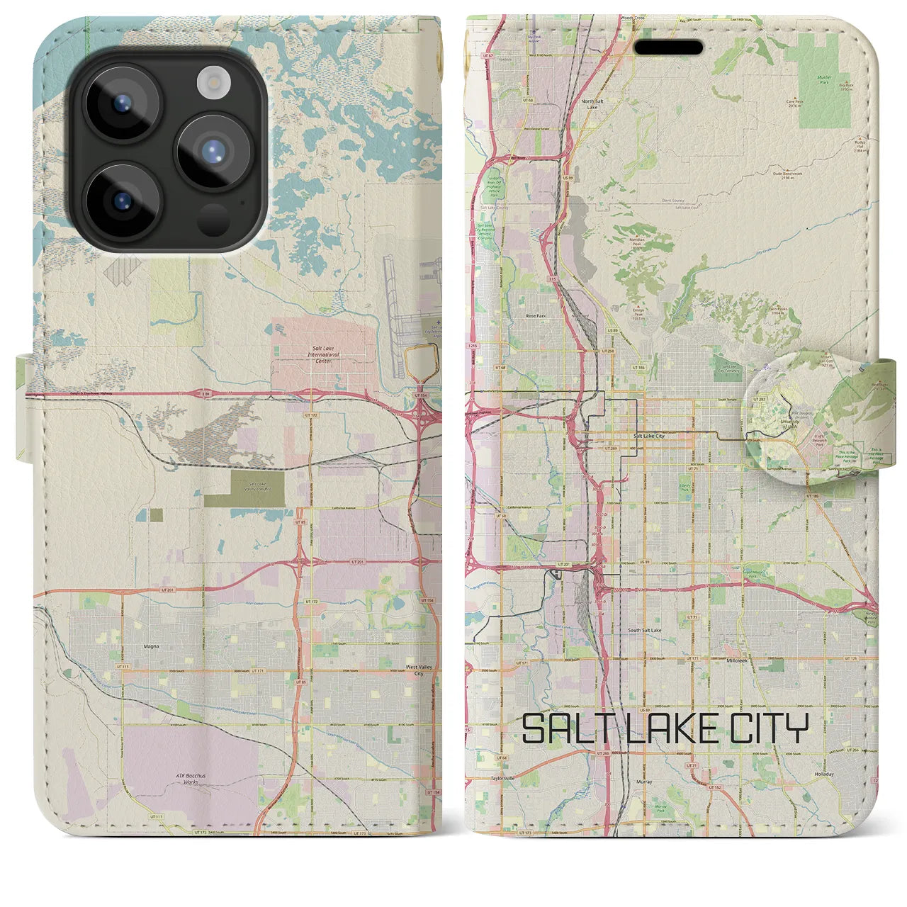 【ソルトレイクシティ】地図柄iPhoneケース（手帳両面タイプ・ナチュラル）iPhone 15 Pro Max 用