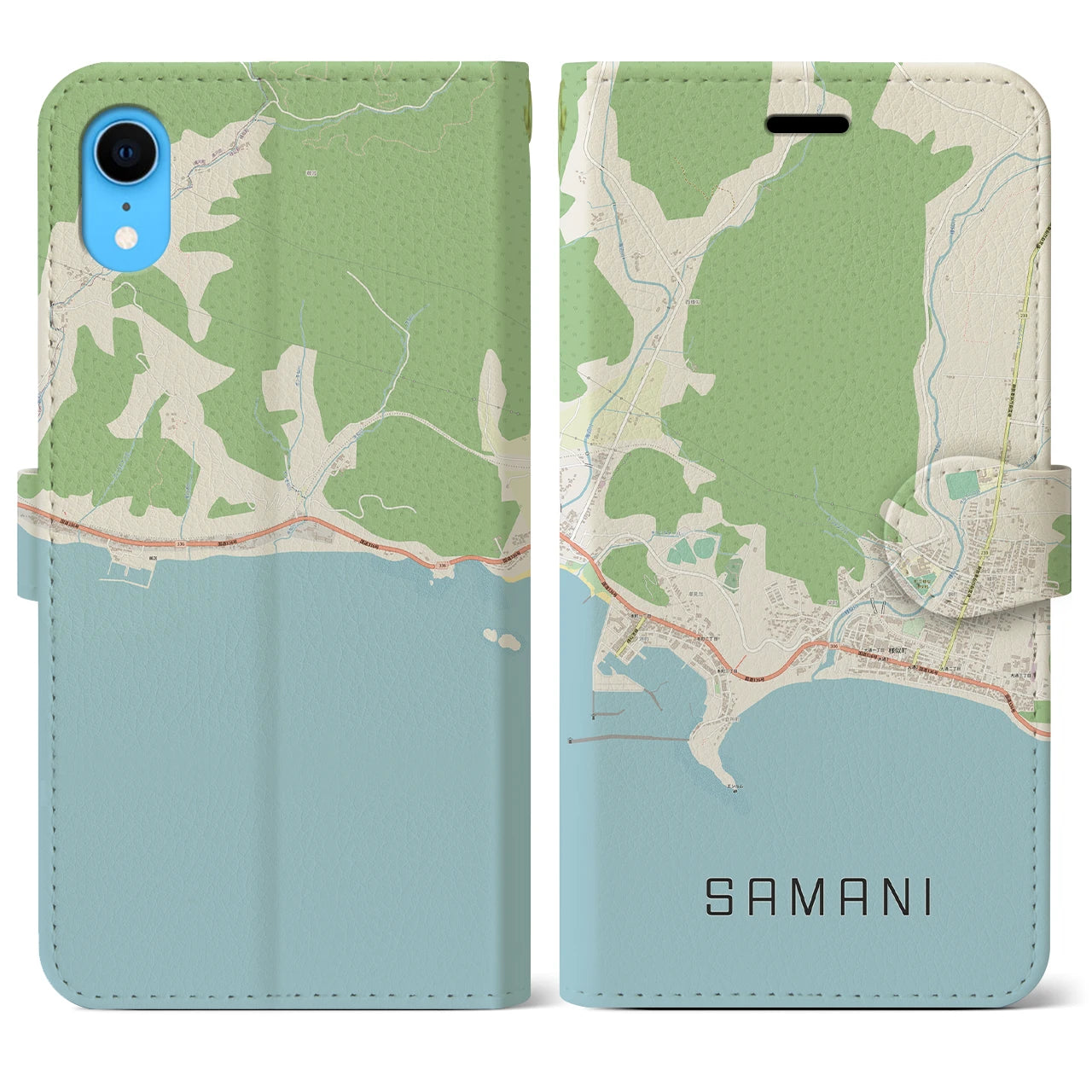 【様似】地図柄iPhoneケース（手帳両面タイプ・ナチュラル）iPhone XR 用