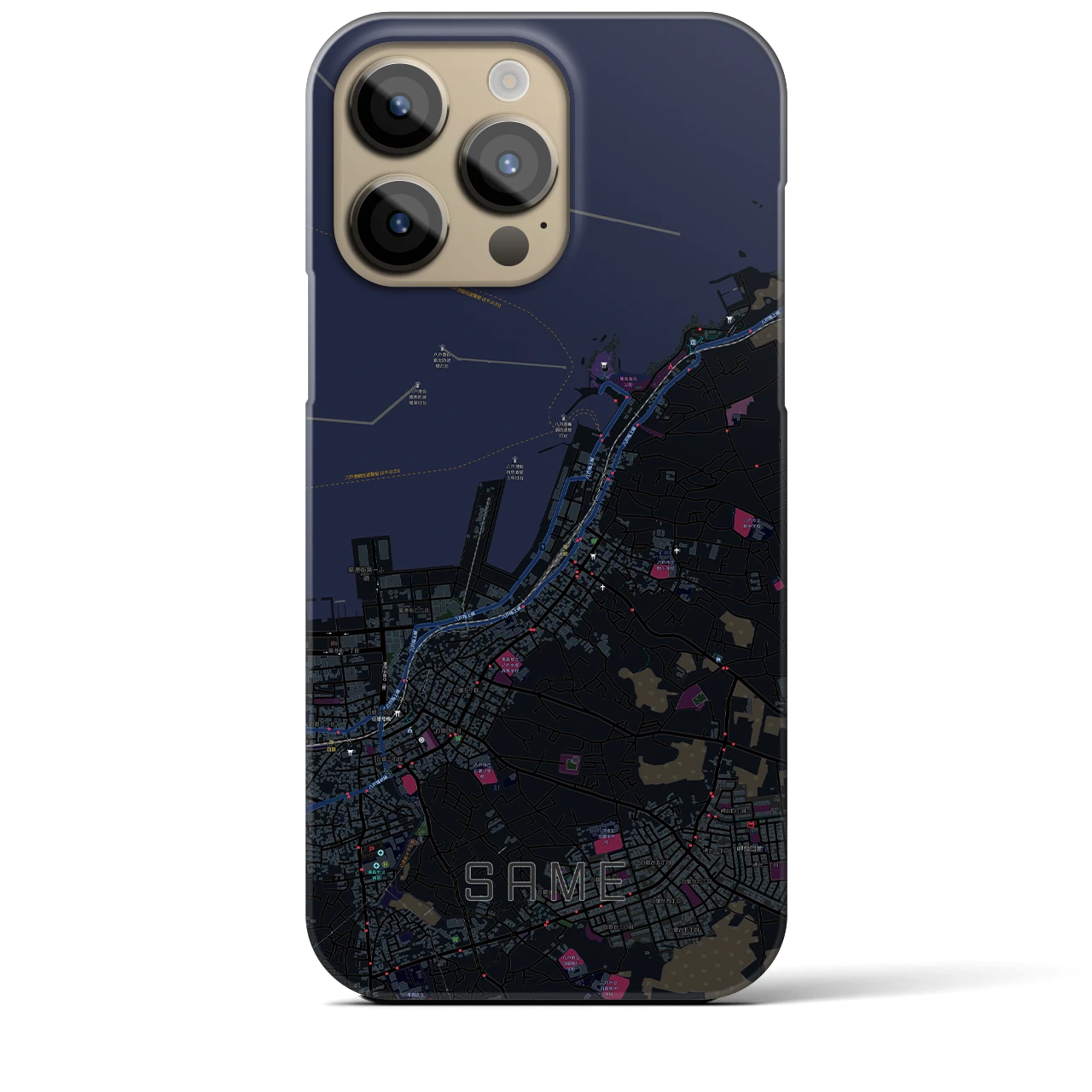 【鮫】地図柄iPhoneケース（バックカバータイプ・ブラック）iPhone 14 Pro Max 用