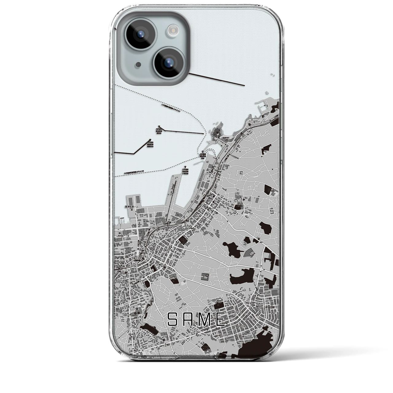 【鮫】地図柄iPhoneケース（クリアタイプ・モノトーン）iPhone 15 Plus 用
