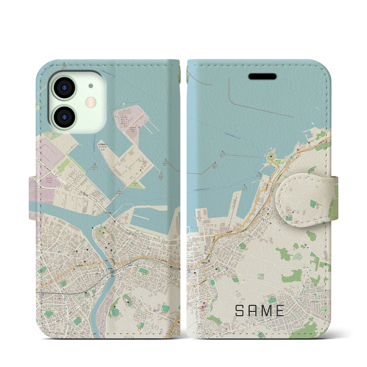 【鮫】地図柄iPhoneケース（手帳両面タイプ・ナチュラル）iPhone 12 mini 用