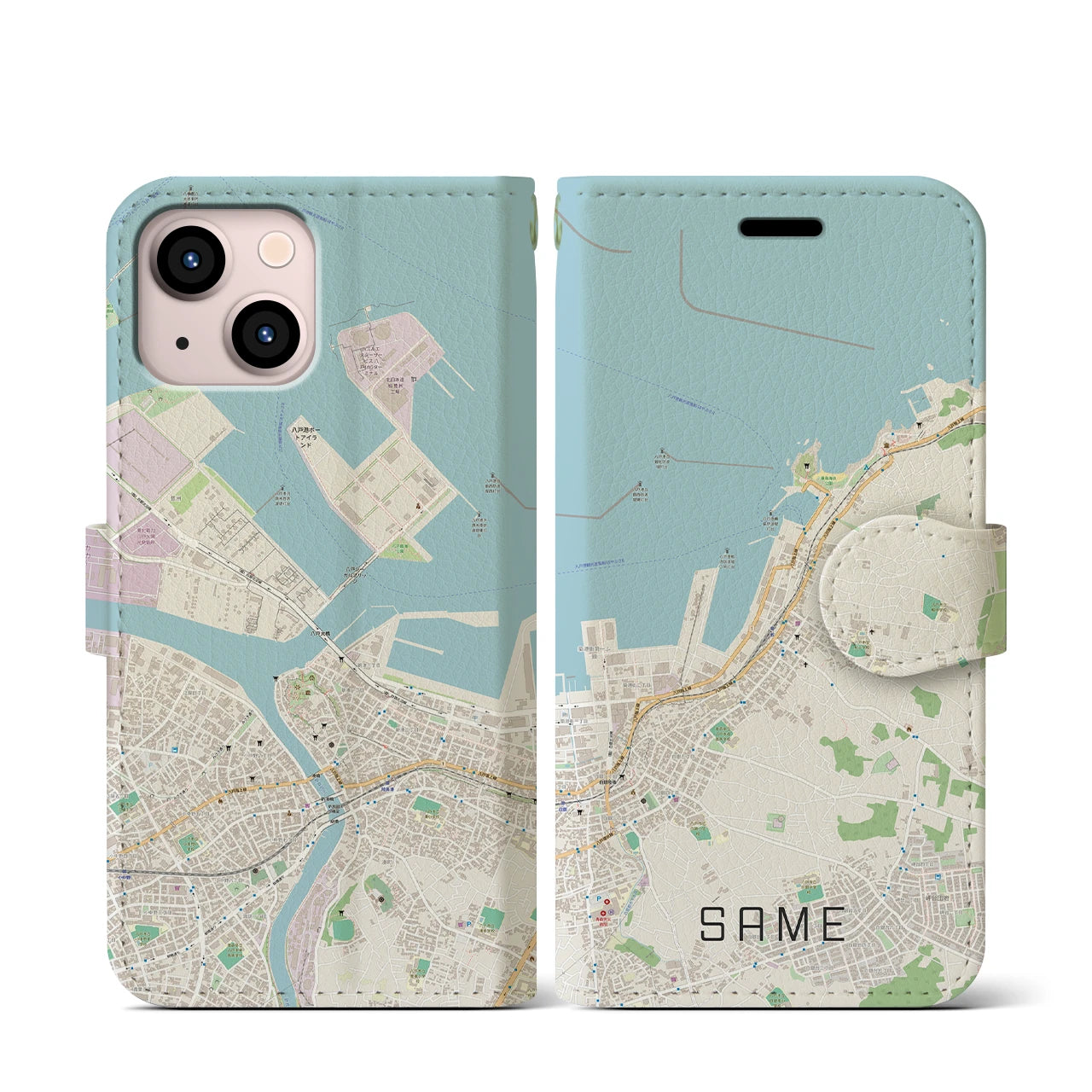 【鮫】地図柄iPhoneケース（手帳両面タイプ・ナチュラル）iPhone 13 mini 用