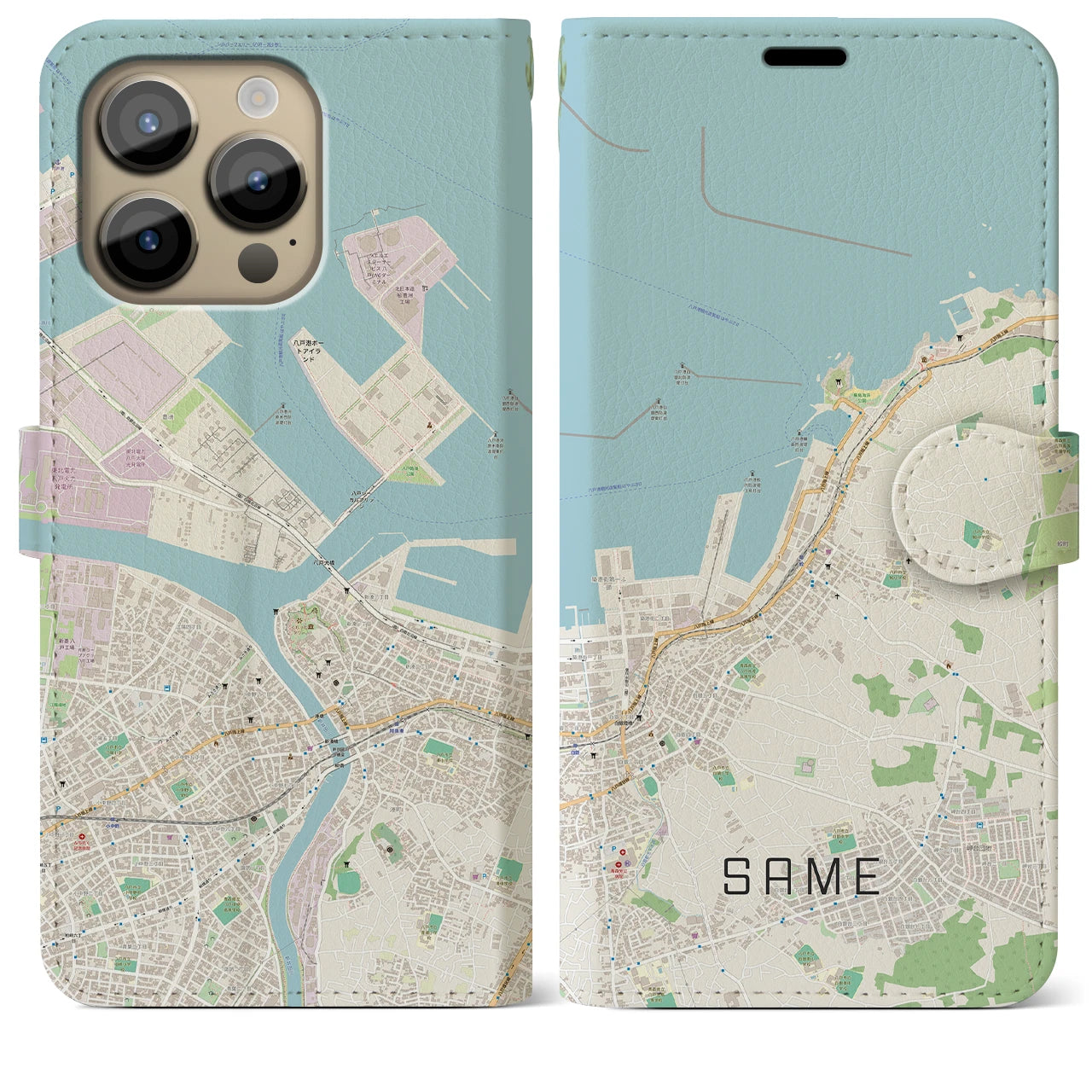 【鮫】地図柄iPhoneケース（手帳両面タイプ・ナチュラル）iPhone 14 Pro Max 用