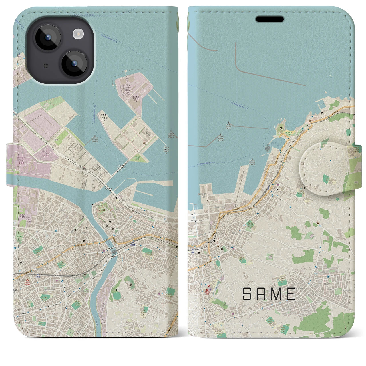 【鮫】地図柄iPhoneケース（手帳両面タイプ・ナチュラル）iPhone 14 Plus 用