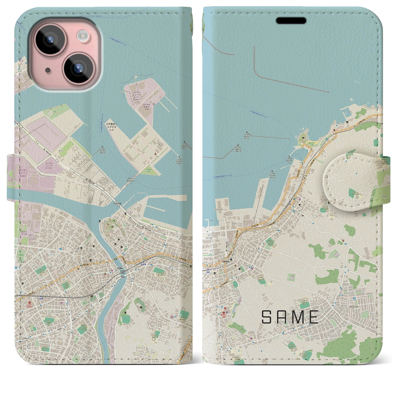 【鮫】地図柄iPhoneケース（手帳両面タイプ・ナチュラル）iPhone 15 Plus 用