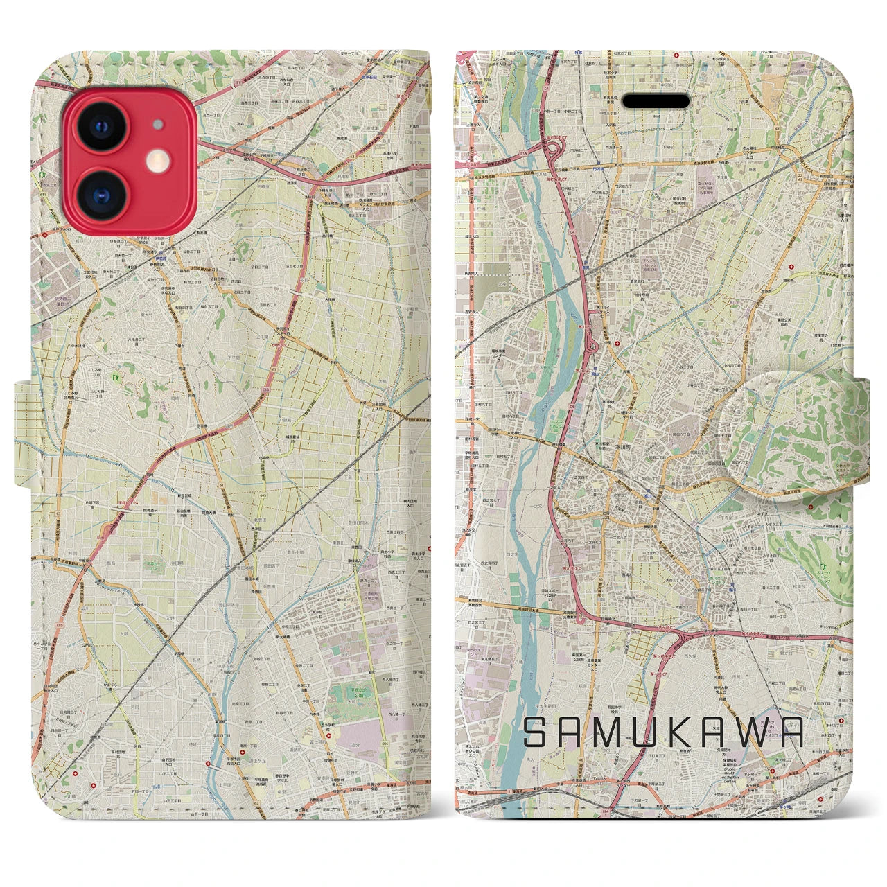 【寒川】地図柄iPhoneケース（手帳両面タイプ・ナチュラル）iPhone 11 用