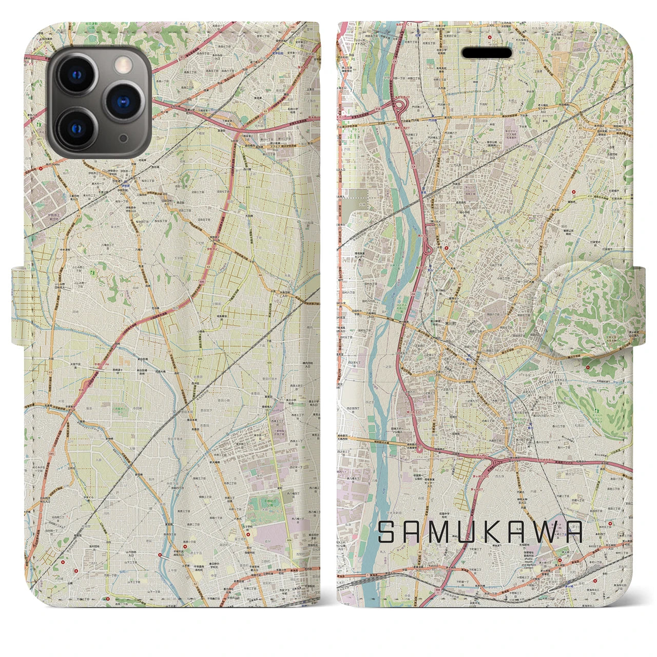 【寒川】地図柄iPhoneケース（手帳両面タイプ・ナチュラル）iPhone 11 Pro Max 用
