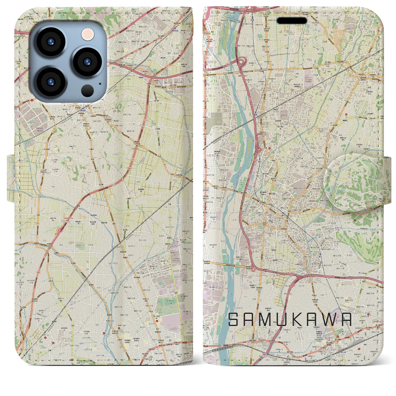 【寒川】地図柄iPhoneケース（手帳両面タイプ・ナチュラル）iPhone 13 Pro Max 用