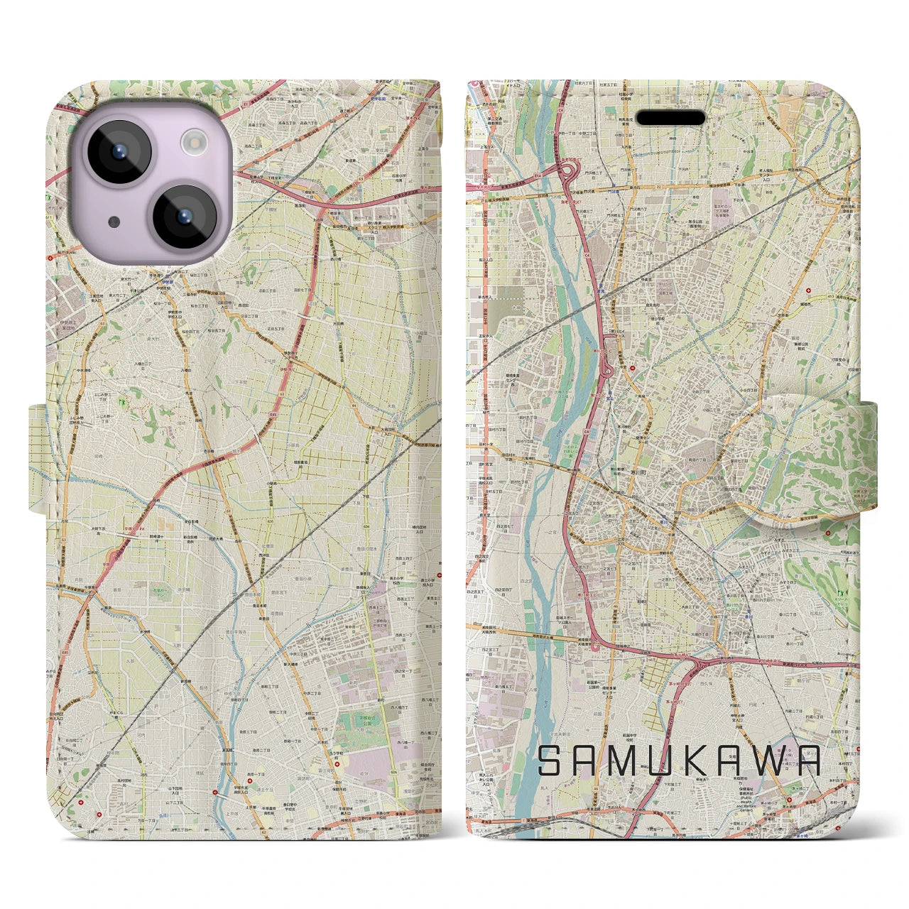 【寒川】地図柄iPhoneケース（手帳両面タイプ・ナチュラル）iPhone 14 用