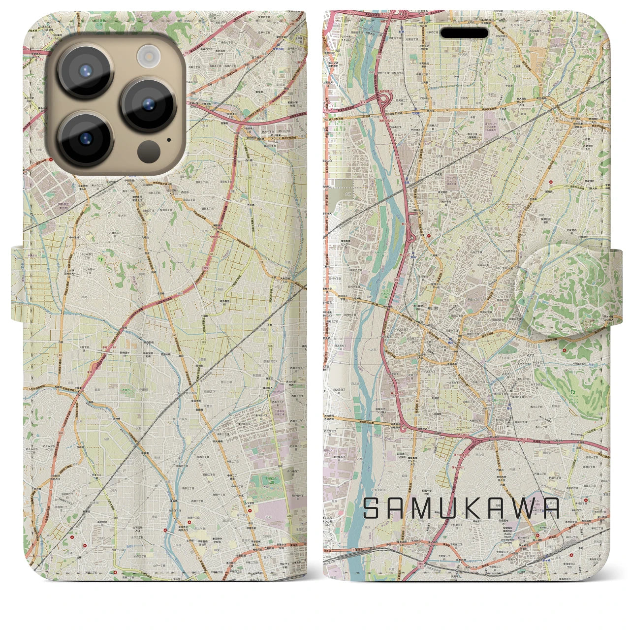 【寒川】地図柄iPhoneケース（手帳両面タイプ・ナチュラル）iPhone 14 Pro Max 用