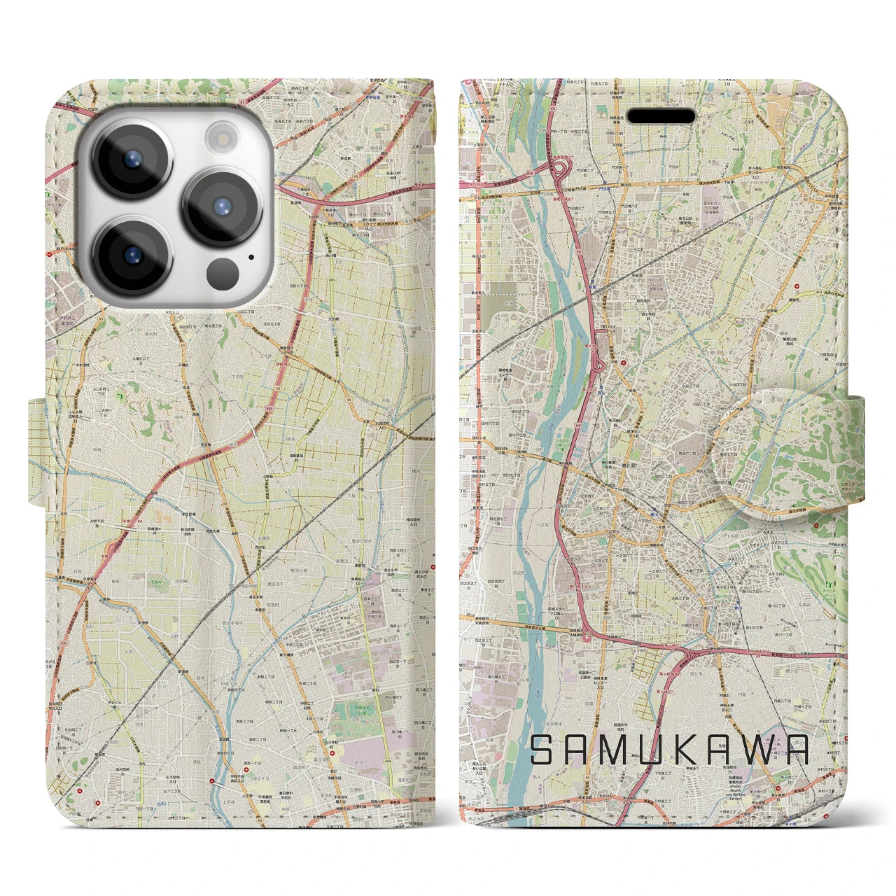 【寒川】地図柄iPhoneケース（手帳両面タイプ・ナチュラル）iPhone 14 Pro 用