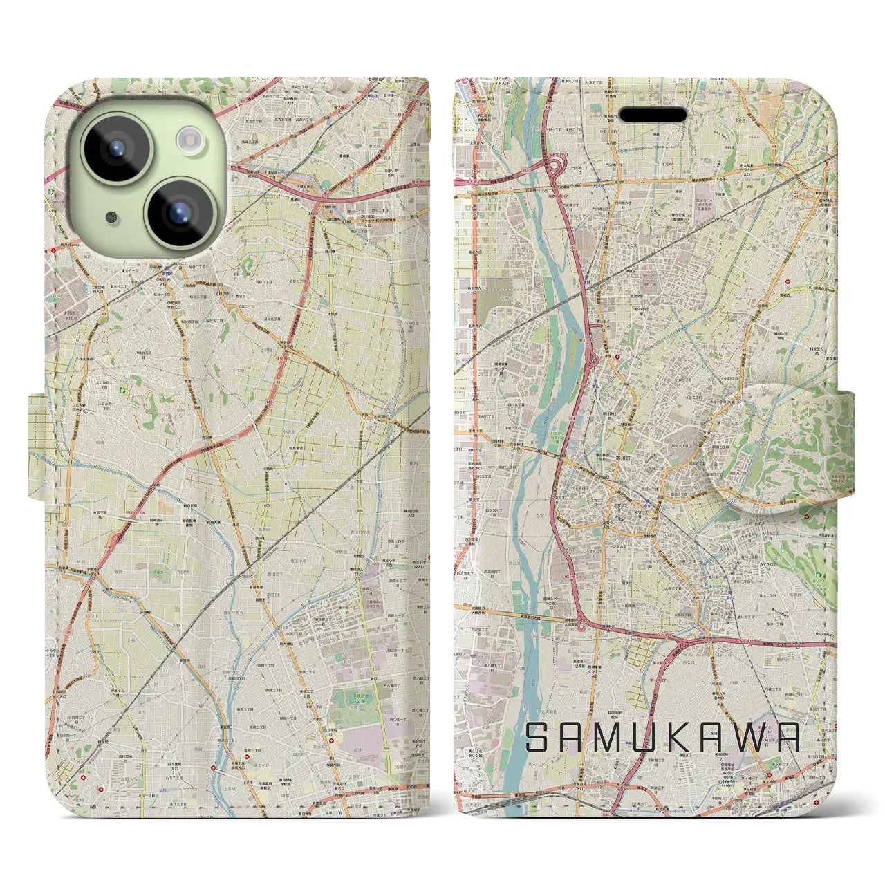 【寒川】地図柄iPhoneケース（手帳両面タイプ・ナチュラル）iPhone 15 用