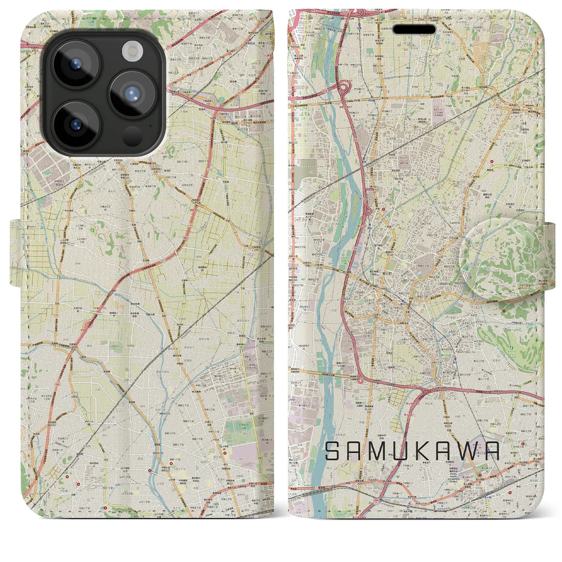 【寒川】地図柄iPhoneケース（手帳両面タイプ・ナチュラル）iPhone 15 Pro Max 用