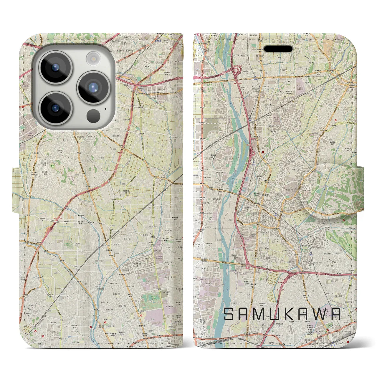 【寒川】地図柄iPhoneケース（手帳両面タイプ・ナチュラル）iPhone 15 Pro 用