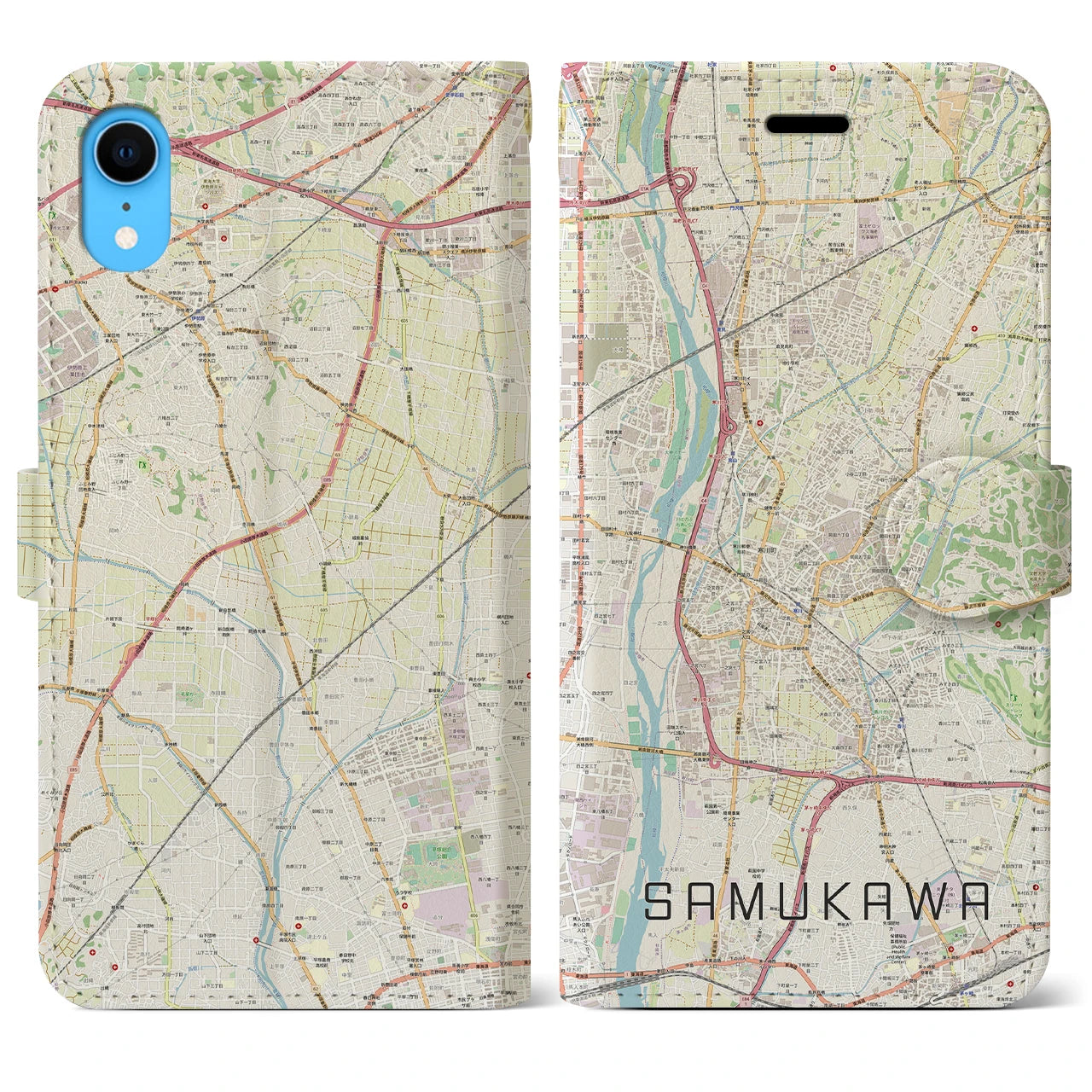 【寒川】地図柄iPhoneケース（手帳両面タイプ・ナチュラル）iPhone XR 用