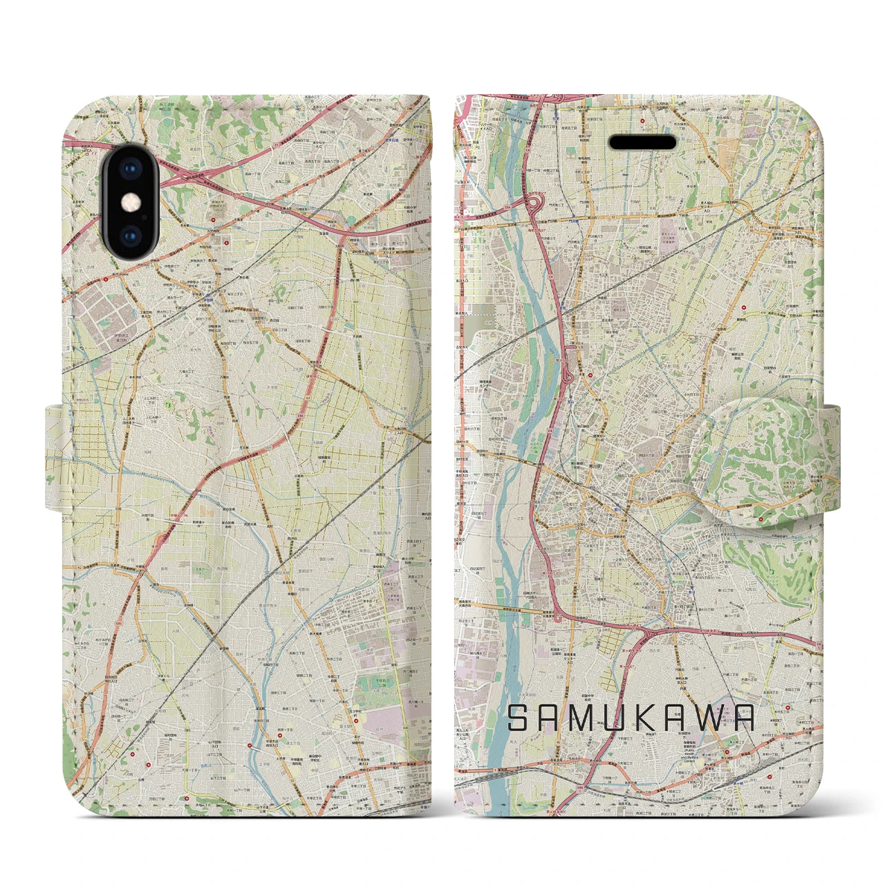 【寒川】地図柄iPhoneケース（手帳両面タイプ・ナチュラル）iPhone XS / X 用