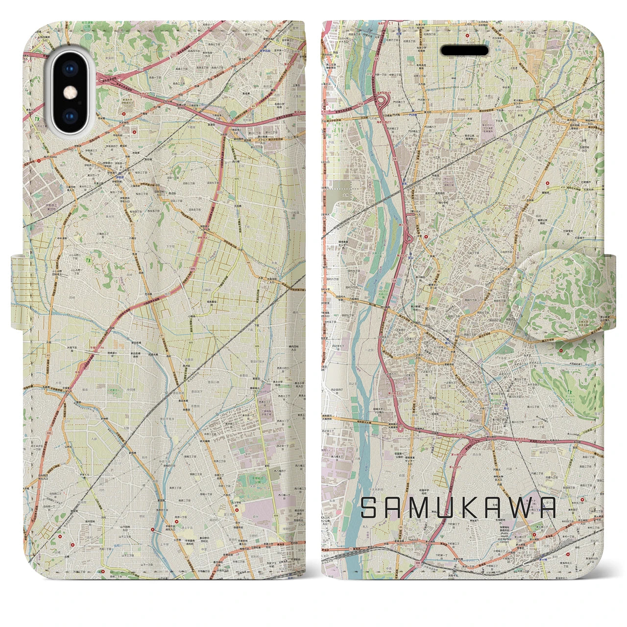 【寒川】地図柄iPhoneケース（手帳両面タイプ・ナチュラル）iPhone XS Max 用