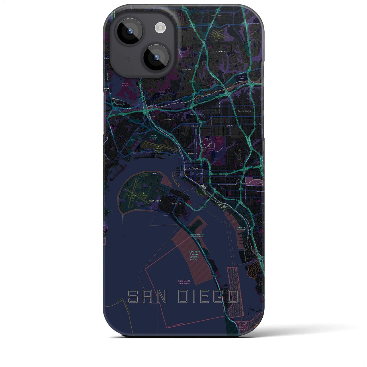 【サンディエゴ】地図柄iPhoneケース（バックカバータイプ・ブラック）iPhone 14 Plus 用
