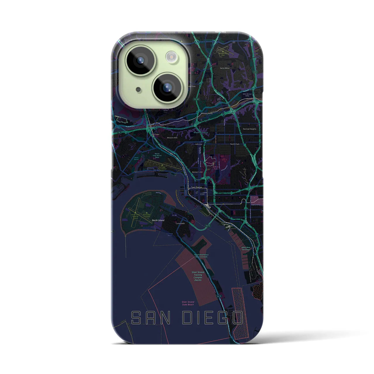【サンディエゴ】地図柄iPhoneケース（バックカバータイプ・ブラック）iPhone 15 用