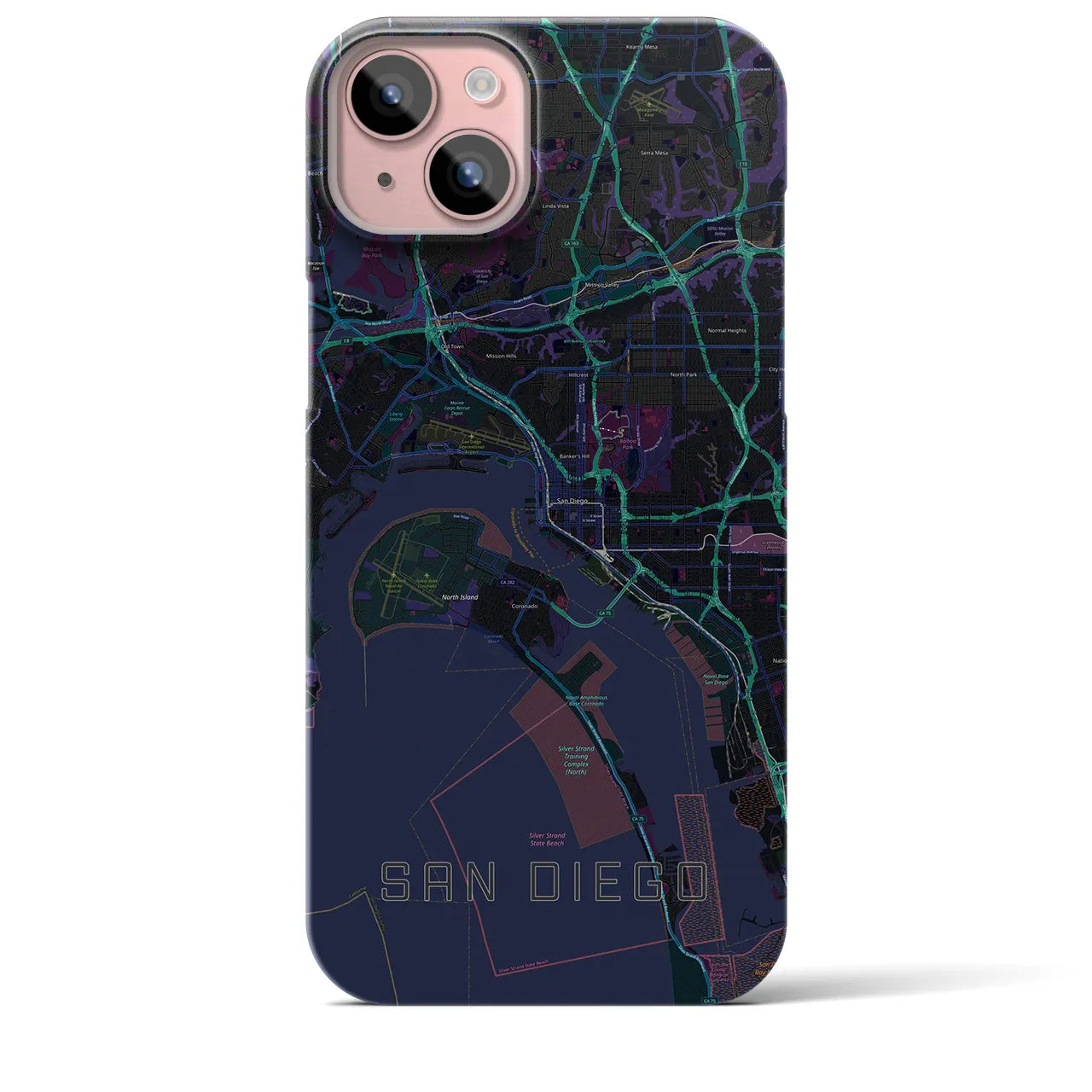 【サンディエゴ】地図柄iPhoneケース（バックカバータイプ・ブラック）iPhone 15 Plus 用