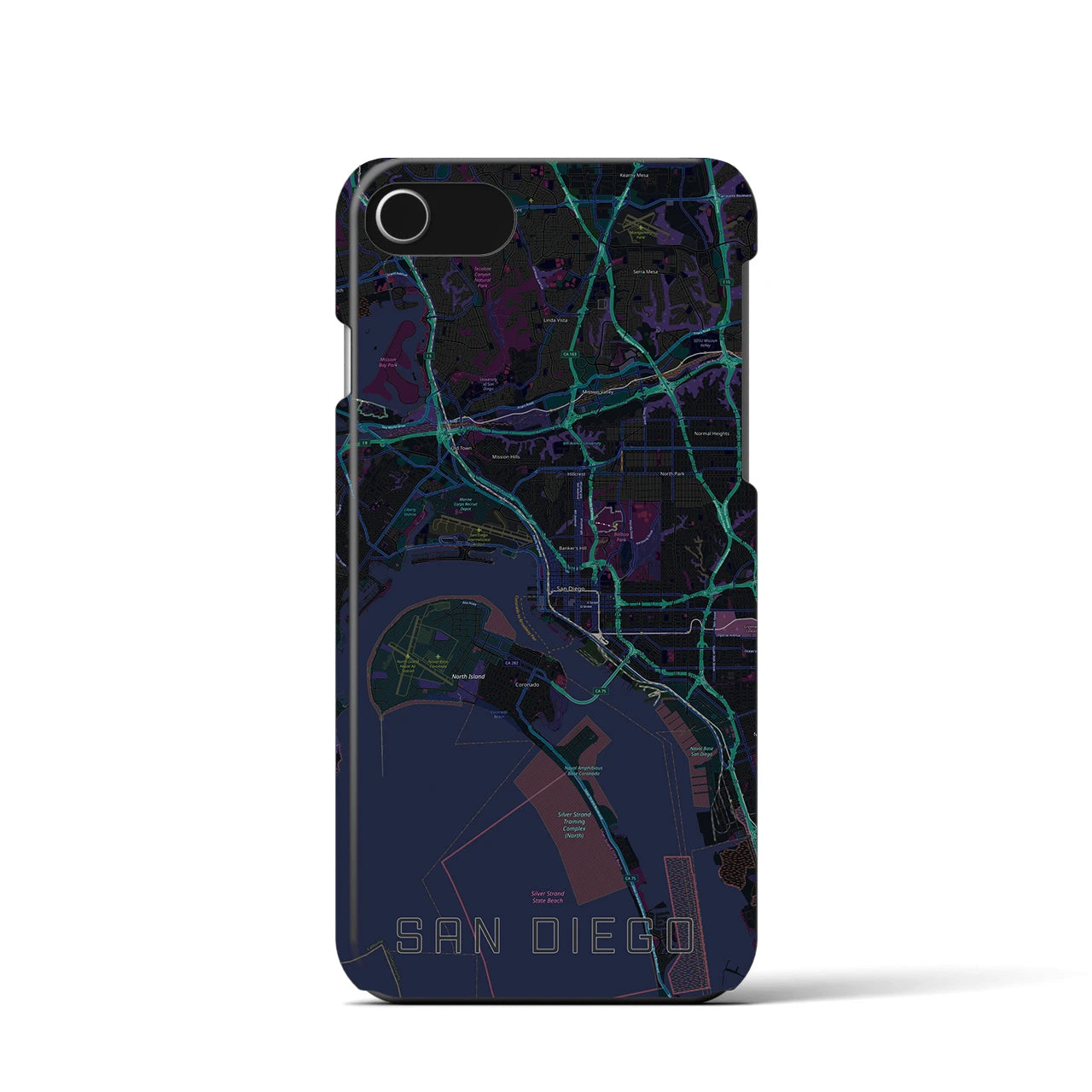 【サンディエゴ】地図柄iPhoneケース（バックカバータイプ・ブラック）iPhone SE（第3 / 第2世代） / 8 / 7 / 6s / 6 用