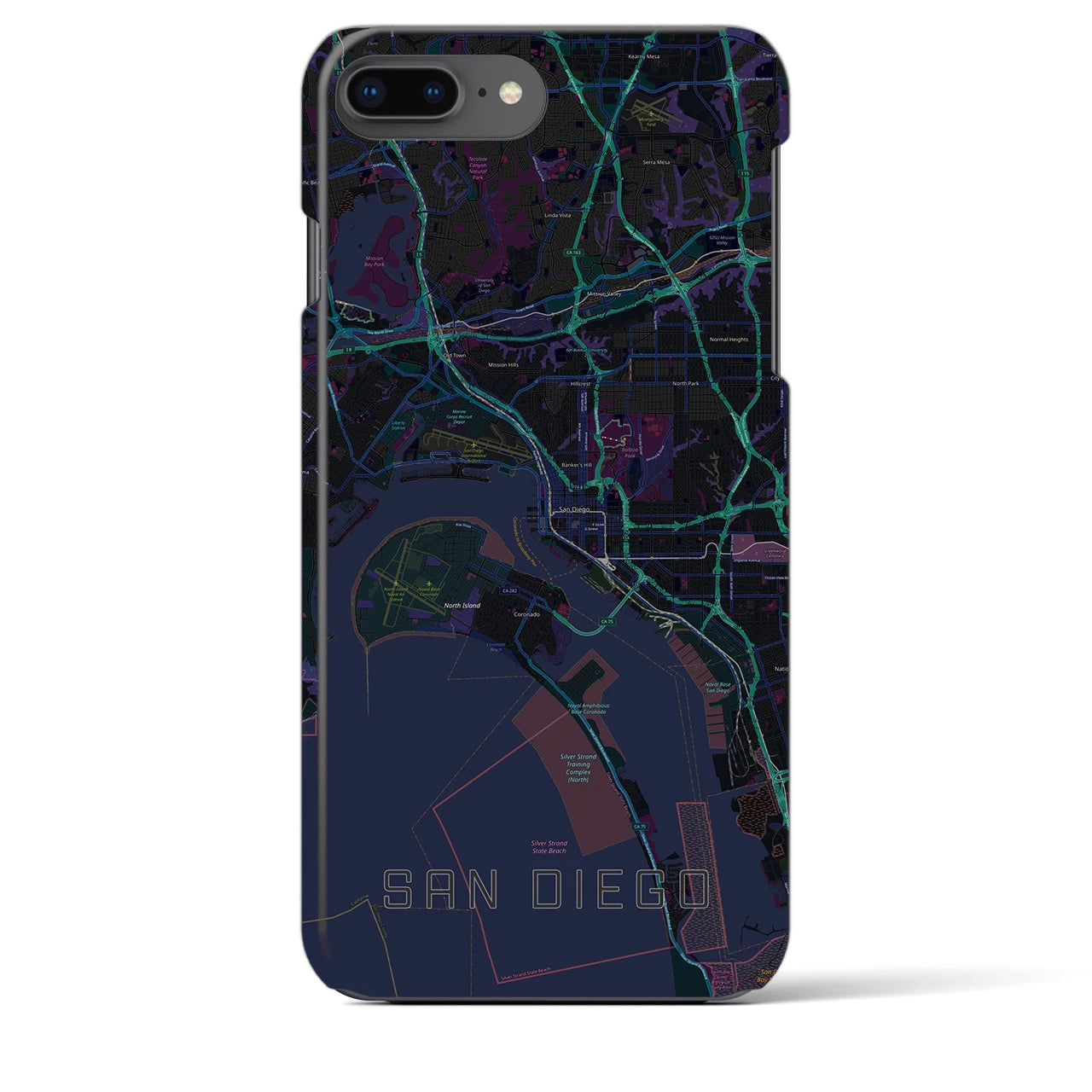 【サンディエゴ】地図柄iPhoneケース（バックカバータイプ・ブラック）iPhone 8Plus /7Plus / 6sPlus / 6Plus 用
