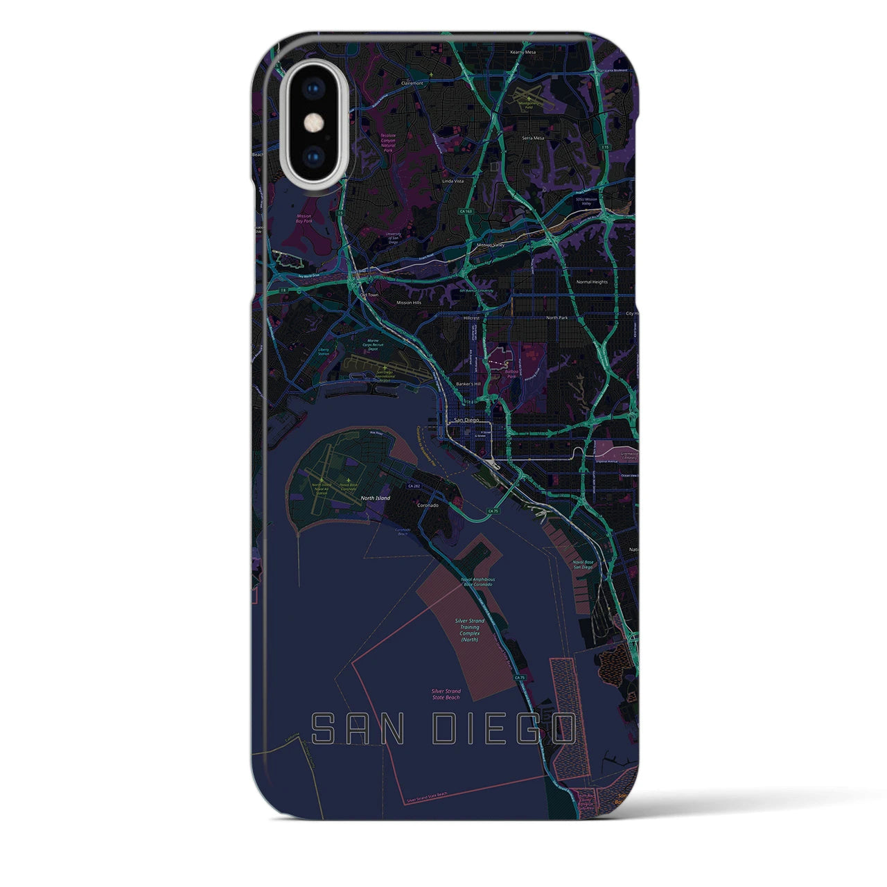 【サンディエゴ】地図柄iPhoneケース（バックカバータイプ・ブラック）iPhone XS Max 用