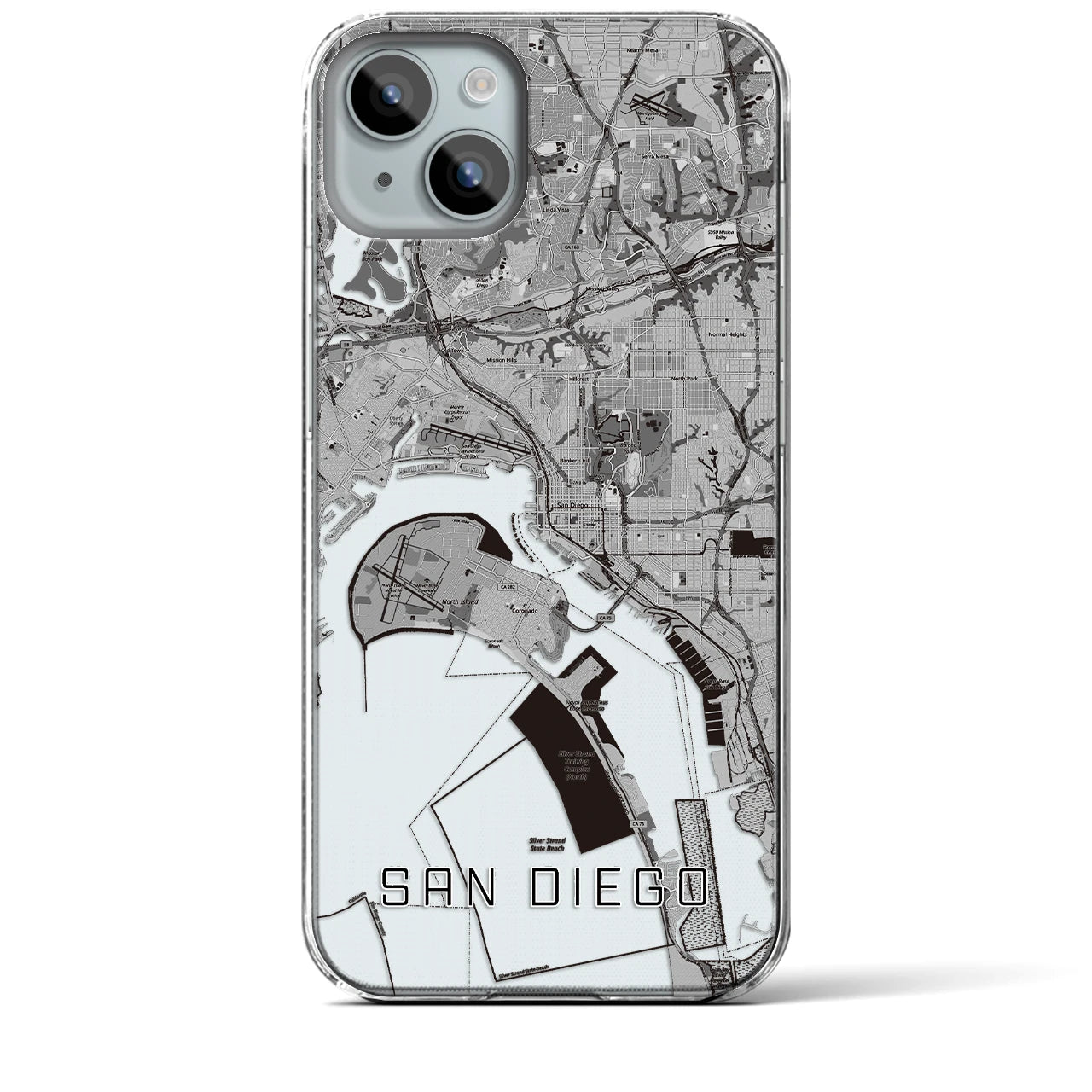 【サンディエゴ】地図柄iPhoneケース（クリアタイプ・モノトーン）iPhone 15 Plus 用
