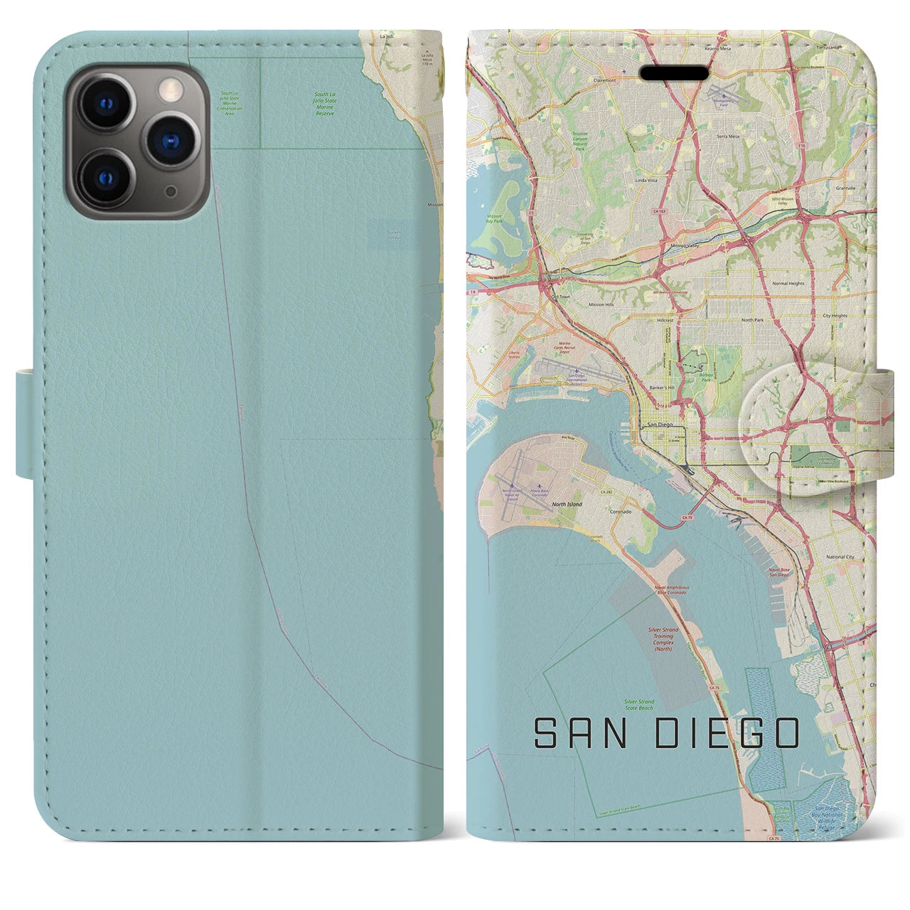 【サンディエゴ】地図柄iPhoneケース（手帳両面タイプ・ナチュラル）iPhone 11 Pro Max 用