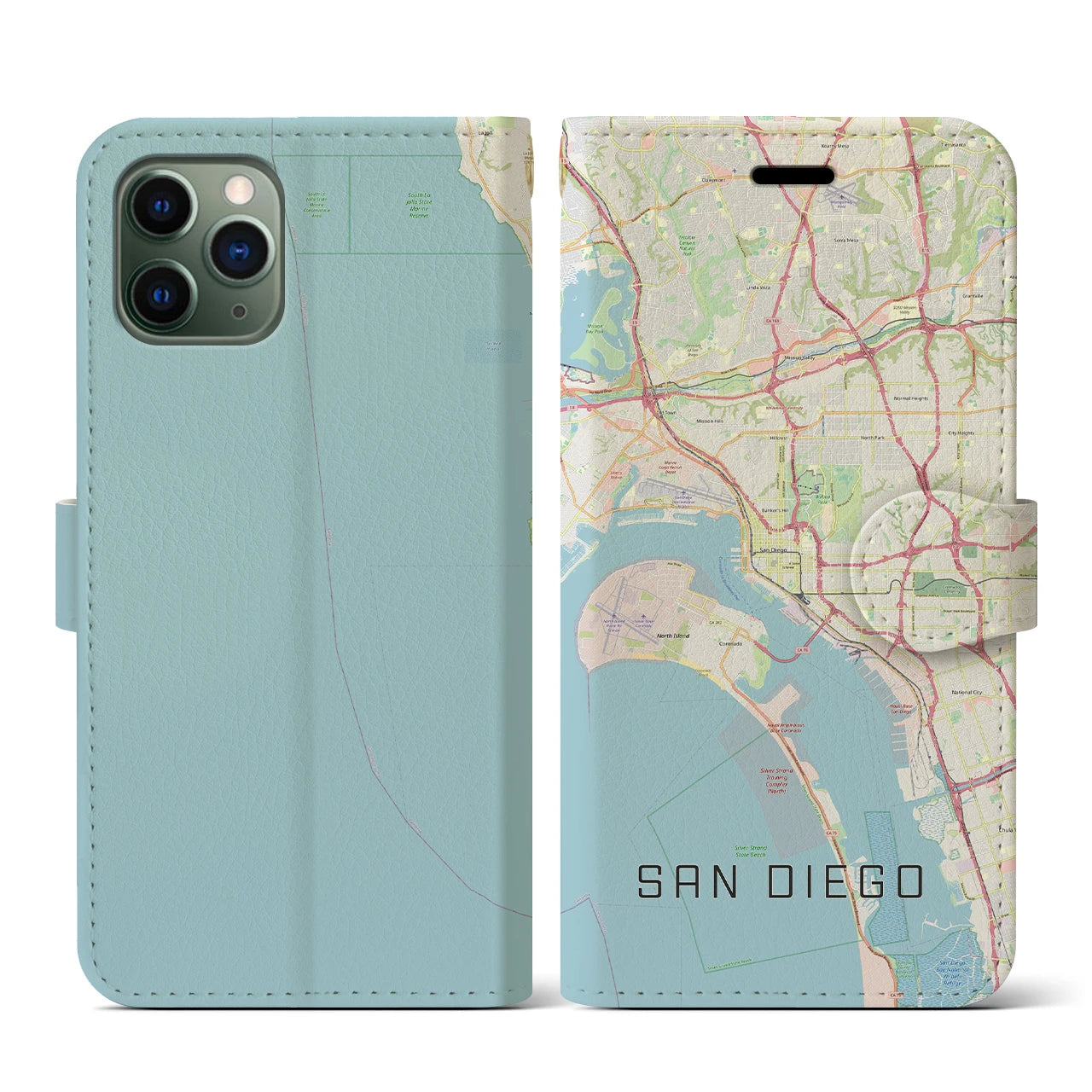 【サンディエゴ】地図柄iPhoneケース（手帳両面タイプ・ナチュラル）iPhone 11 Pro 用