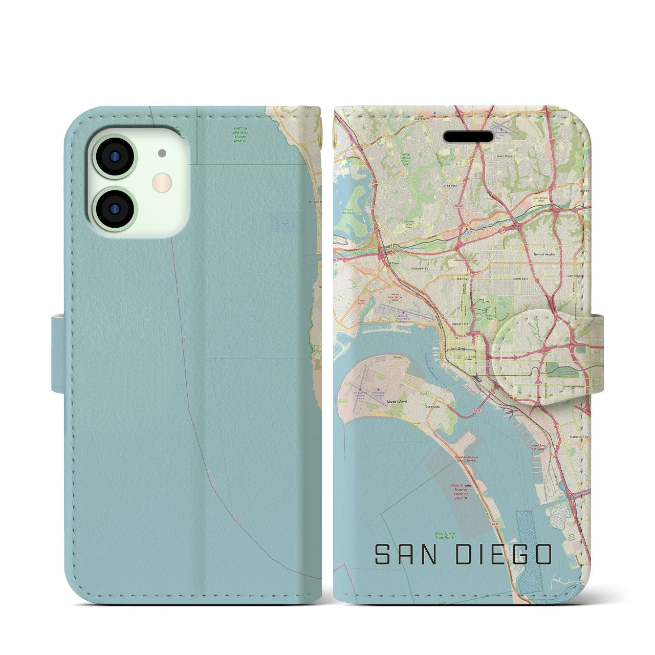 【サンディエゴ】地図柄iPhoneケース（手帳両面タイプ・ナチュラル）iPhone 12 mini 用