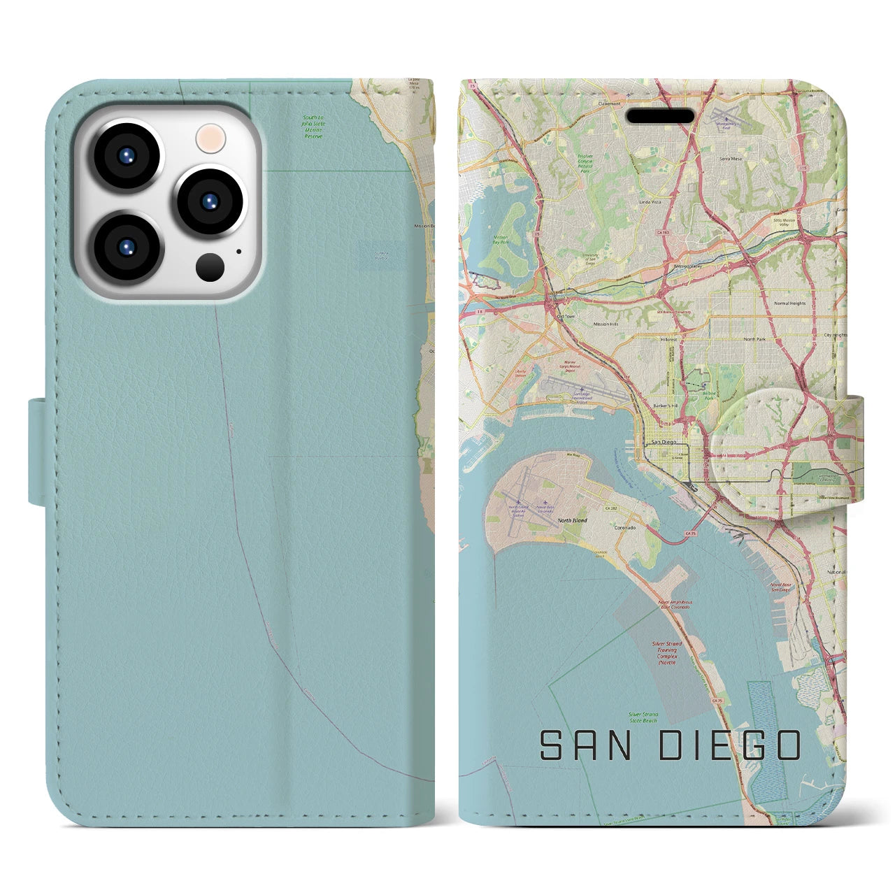 【サンディエゴ】地図柄iPhoneケース（手帳両面タイプ・ナチュラル）iPhone 13 Pro 用