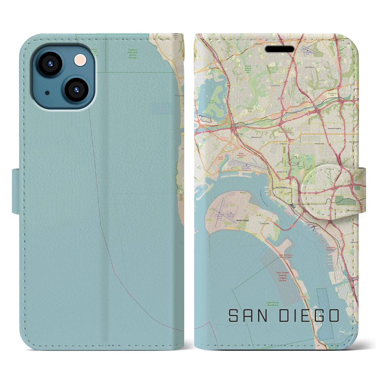 【サンディエゴ】地図柄iPhoneケース（手帳両面タイプ・ナチュラル）iPhone 13 用