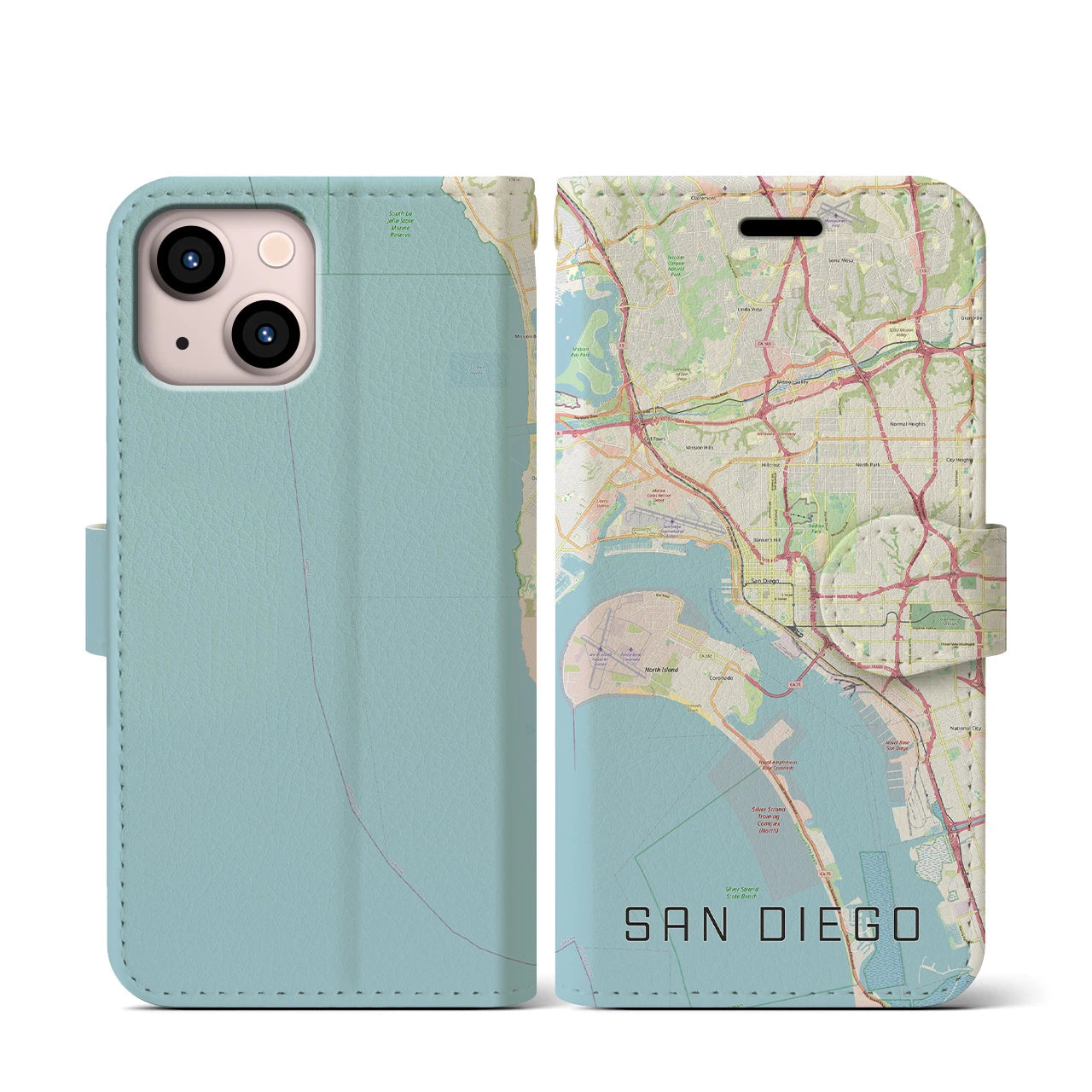 【サンディエゴ】地図柄iPhoneケース（手帳両面タイプ・ナチュラル）iPhone 13 mini 用