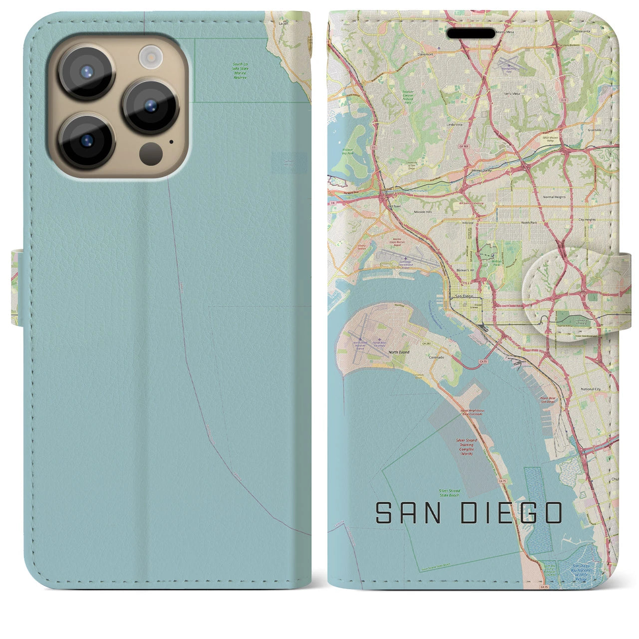 【サンディエゴ】地図柄iPhoneケース（手帳両面タイプ・ナチュラル）iPhone 14 Pro Max 用