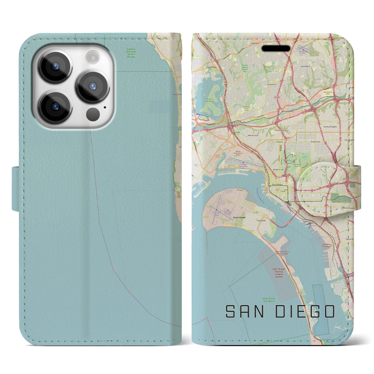【サンディエゴ】地図柄iPhoneケース（手帳両面タイプ・ナチュラル）iPhone 14 Pro 用