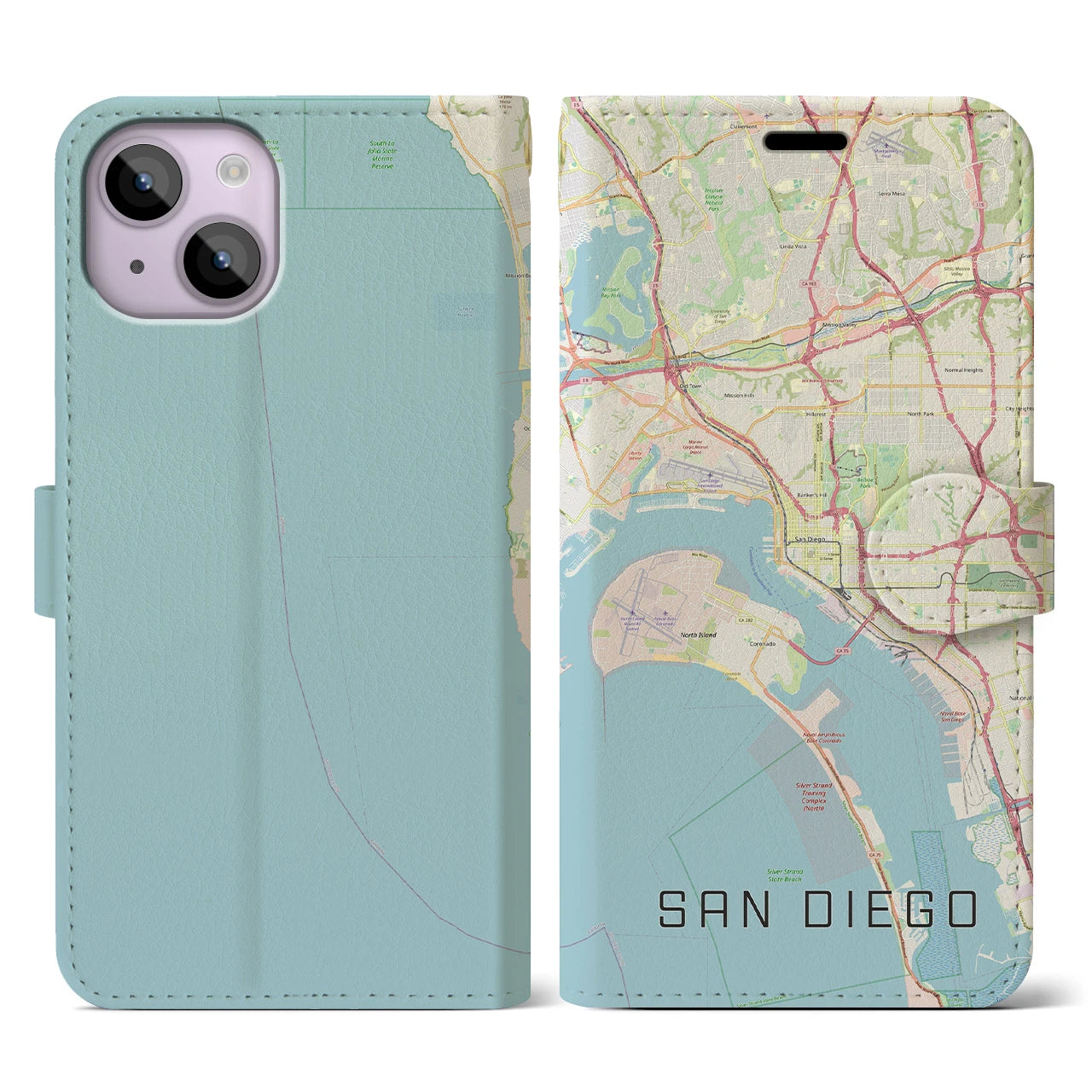【サンディエゴ】地図柄iPhoneケース（手帳両面タイプ・ナチュラル）iPhone 14 用