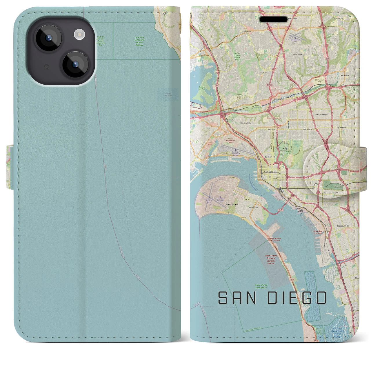 【サンディエゴ】地図柄iPhoneケース（手帳両面タイプ・ナチュラル）iPhone 14 Plus 用