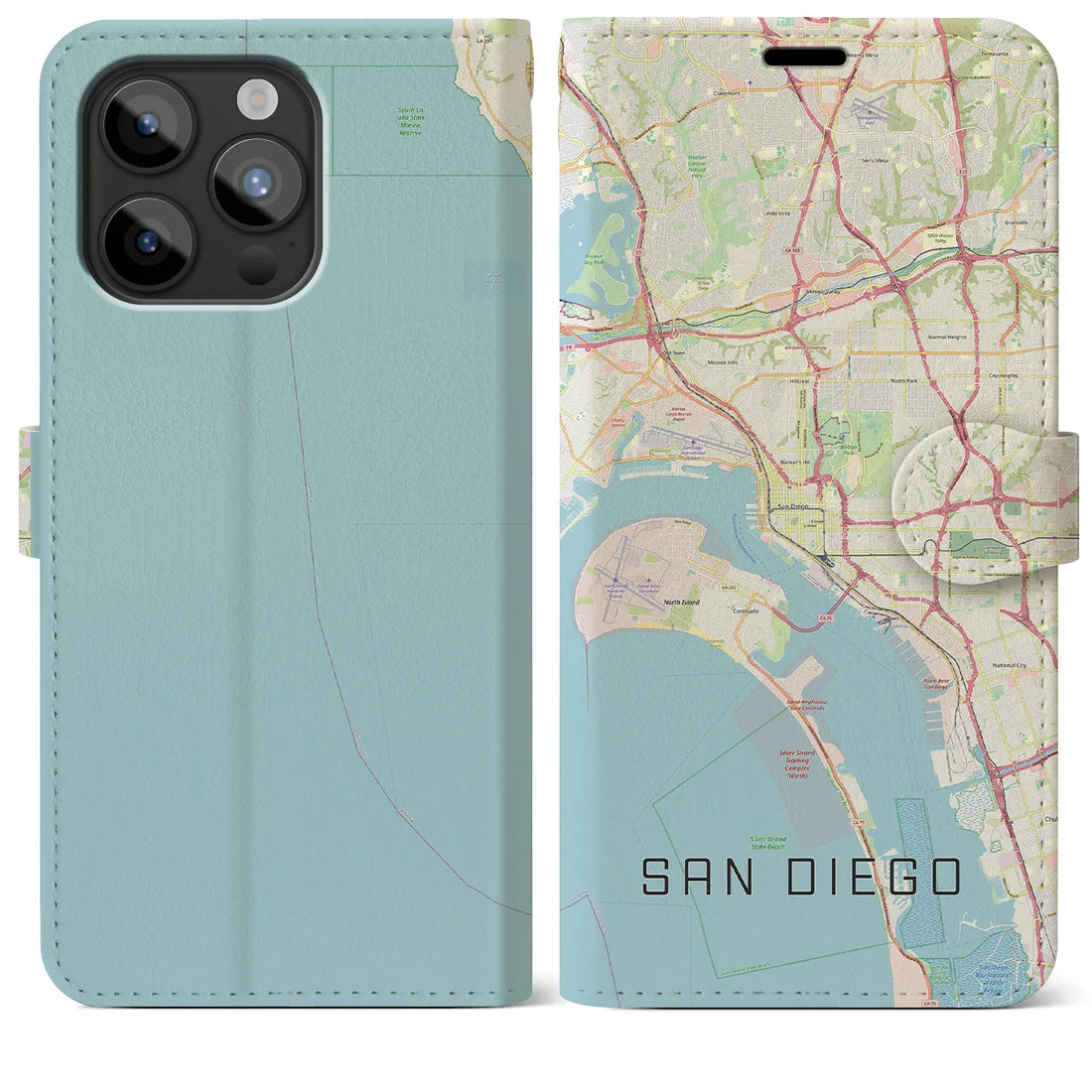 【サンディエゴ】地図柄iPhoneケース（手帳両面タイプ・ナチュラル）iPhone 15 Pro Max 用