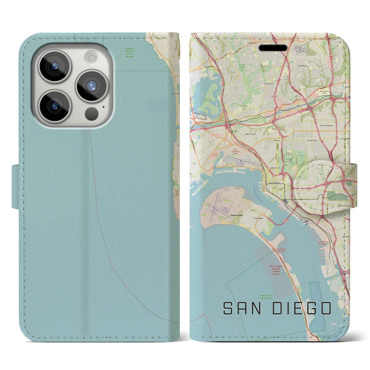 【サンディエゴ】地図柄iPhoneケース（手帳両面タイプ・ナチュラル）iPhone 15 Pro 用