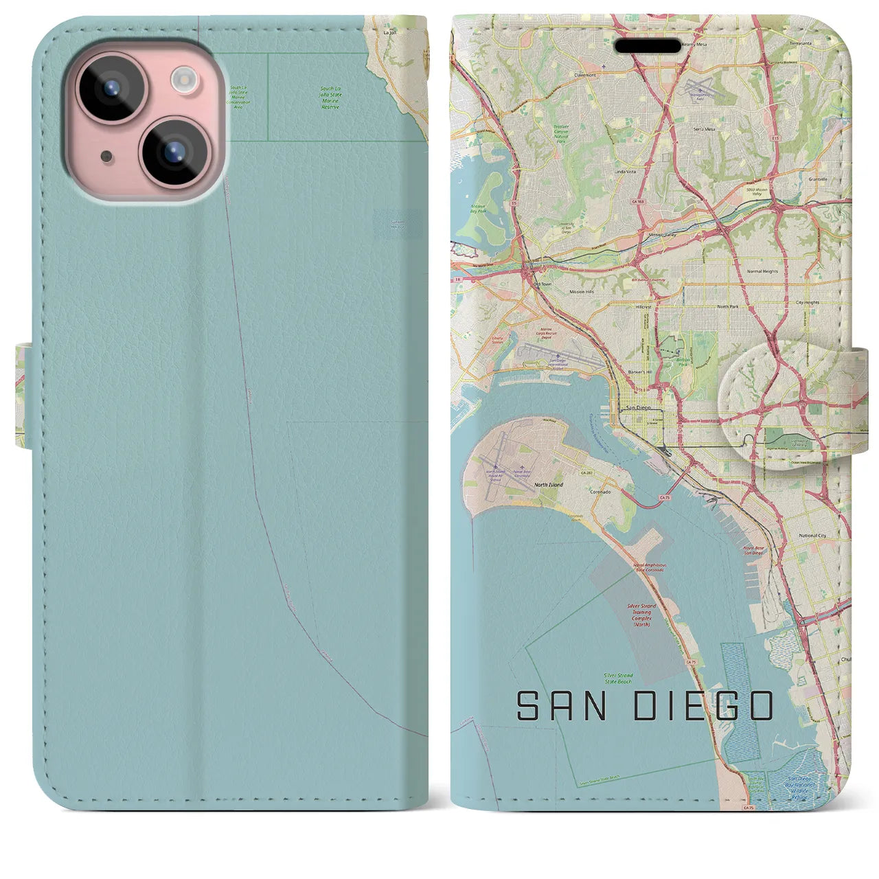【サンディエゴ】地図柄iPhoneケース（手帳両面タイプ・ナチュラル）iPhone 15 Plus 用