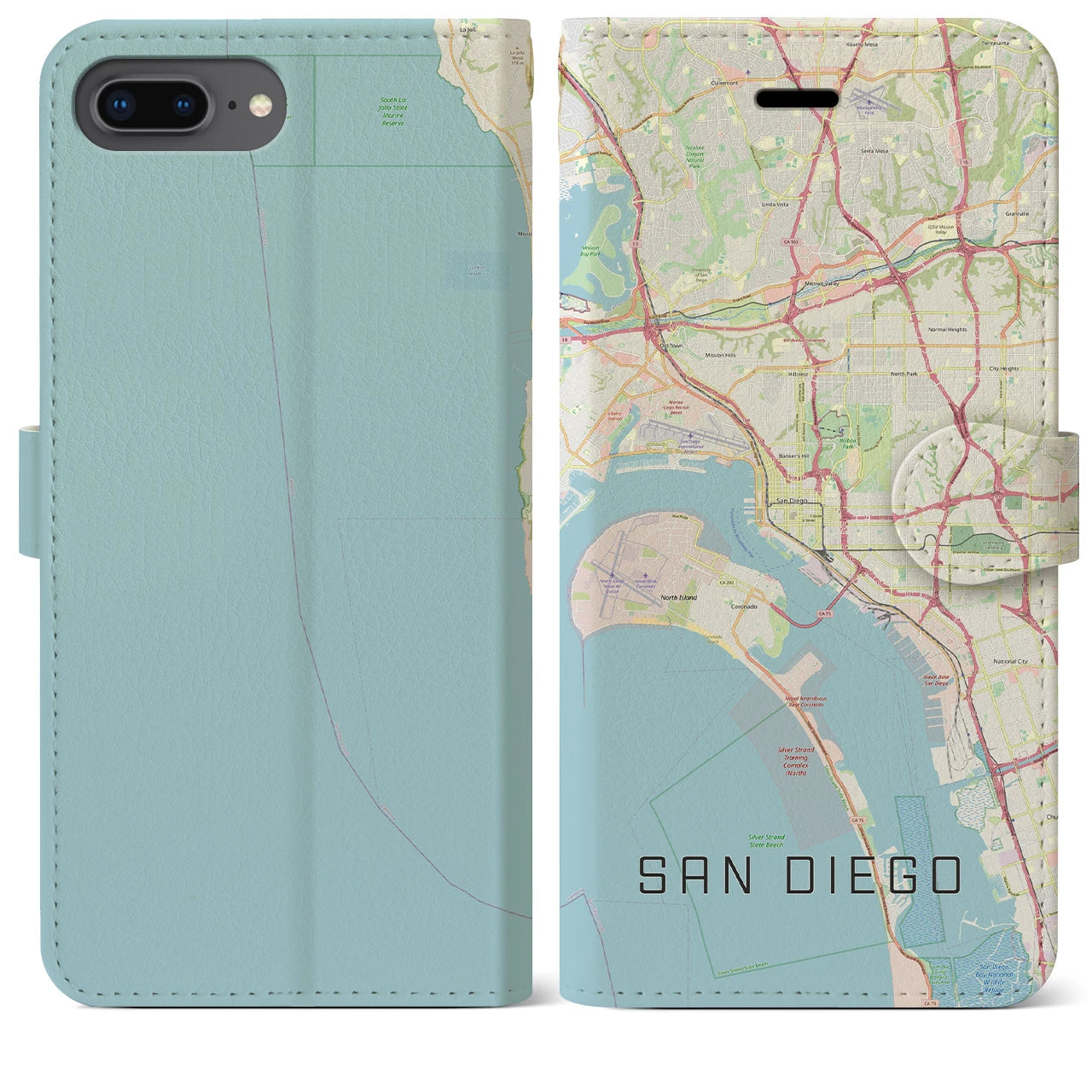 【サンディエゴ】地図柄iPhoneケース（手帳両面タイプ・ナチュラル）iPhone 8Plus /7Plus / 6sPlus / 6Plus 用