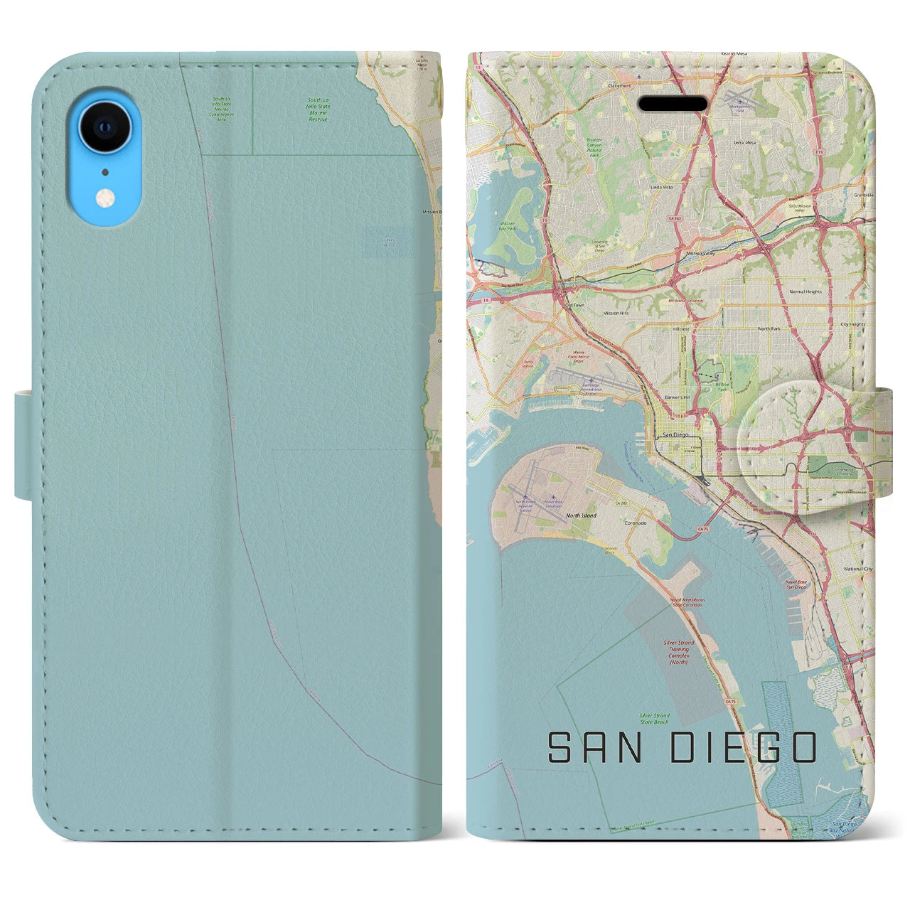 【サンディエゴ】地図柄iPhoneケース（手帳両面タイプ・ナチュラル）iPhone XR 用