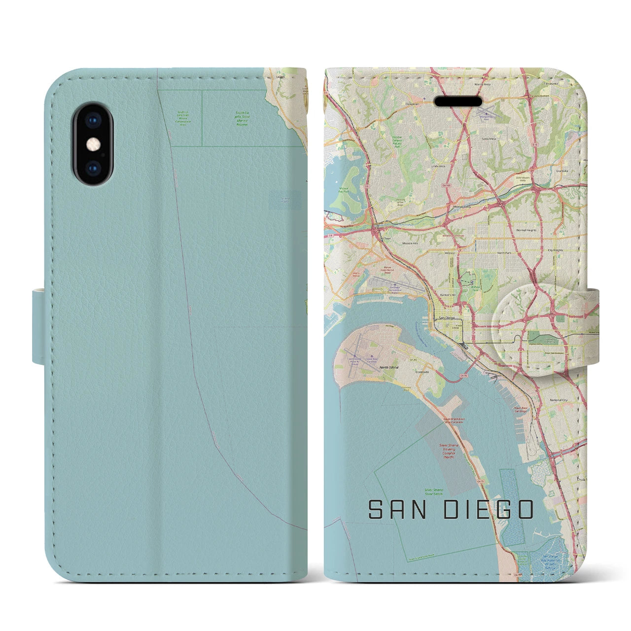 【サンディエゴ】地図柄iPhoneケース（手帳両面タイプ・ナチュラル）iPhone XS / X 用