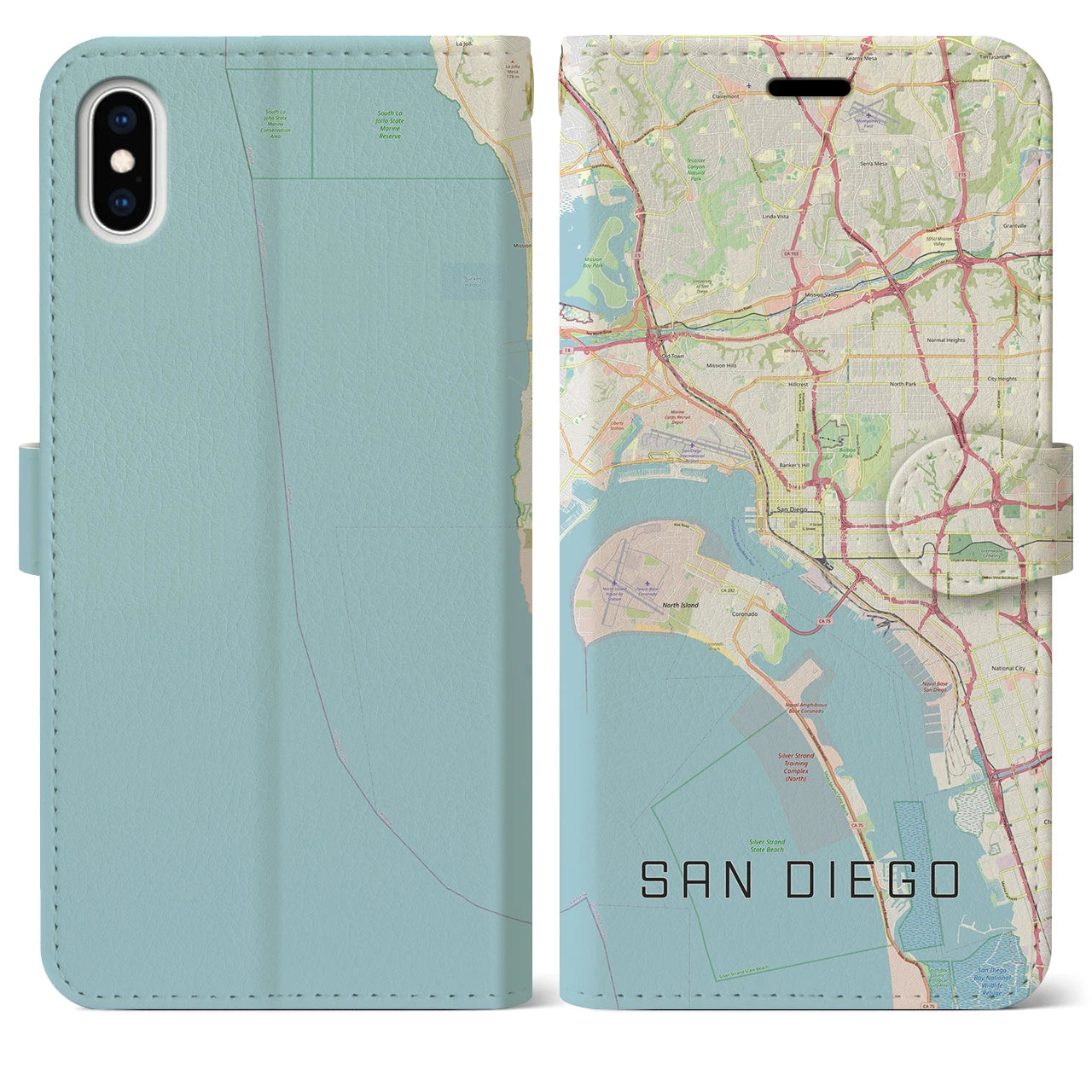 【サンディエゴ】地図柄iPhoneケース（手帳両面タイプ・ナチュラル）iPhone XS Max 用