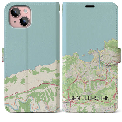 【サン・セバスティアン（スペイン）】地図柄iPhoneケース（手帳タイプ）ナチュラル・iPhone 15 Plus 用