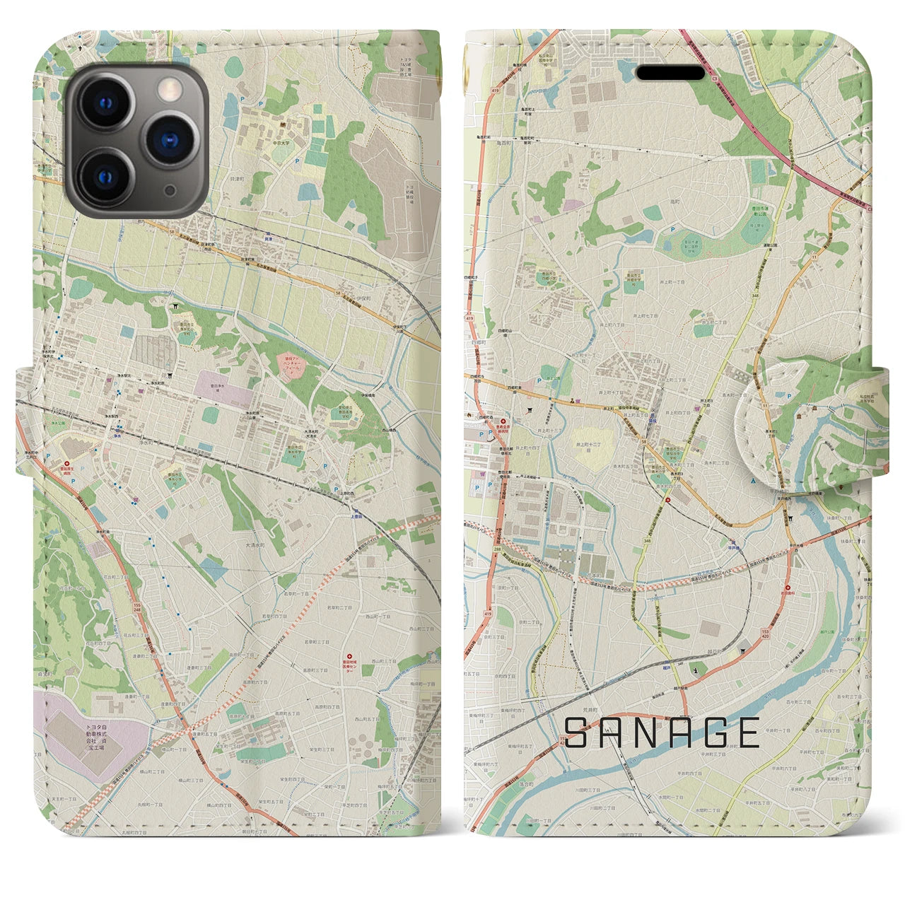 【猿投】地図柄iPhoneケース（手帳両面タイプ・ナチュラル）iPhone 11 Pro Max 用