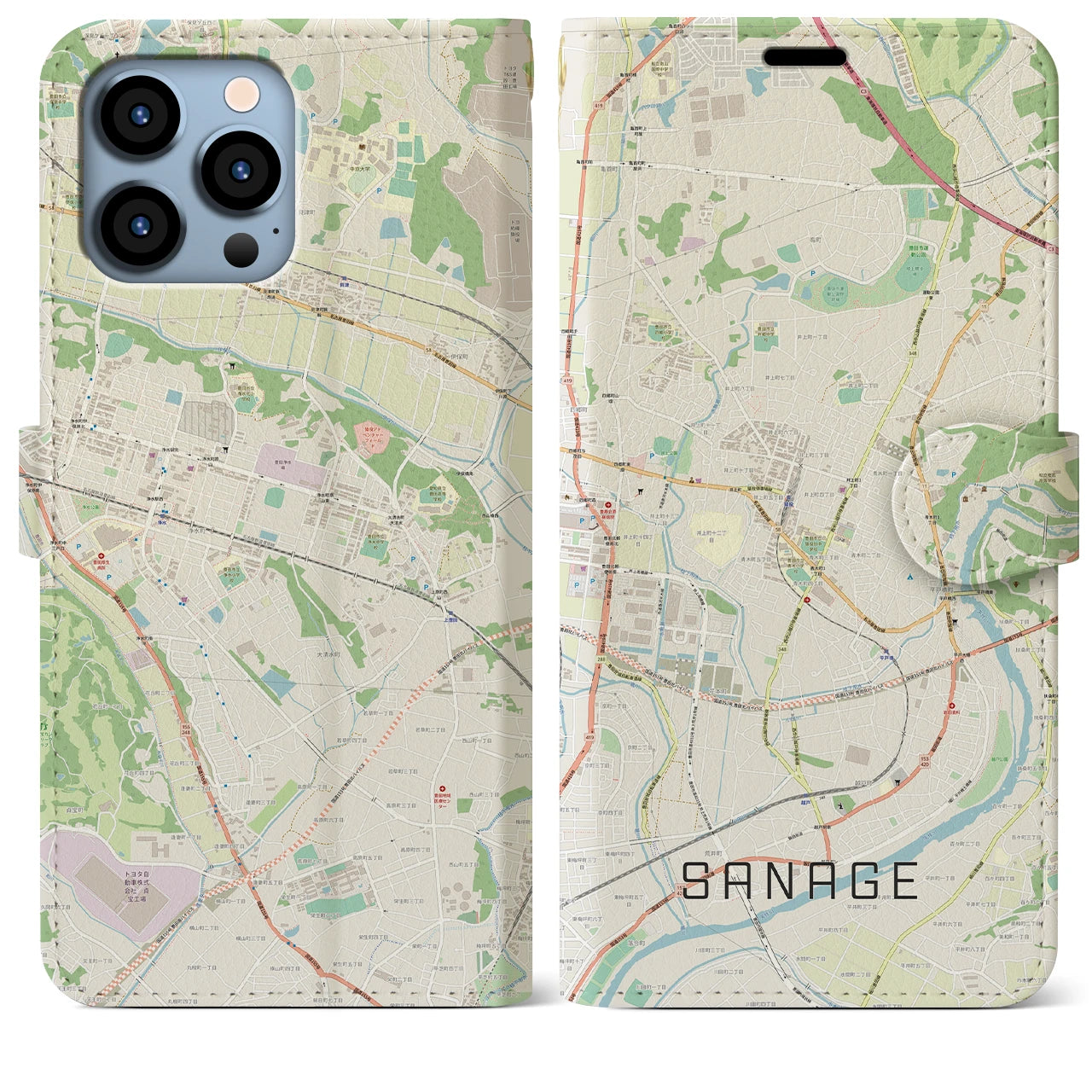 【猿投】地図柄iPhoneケース（手帳両面タイプ・ナチュラル）iPhone 13 Pro Max 用